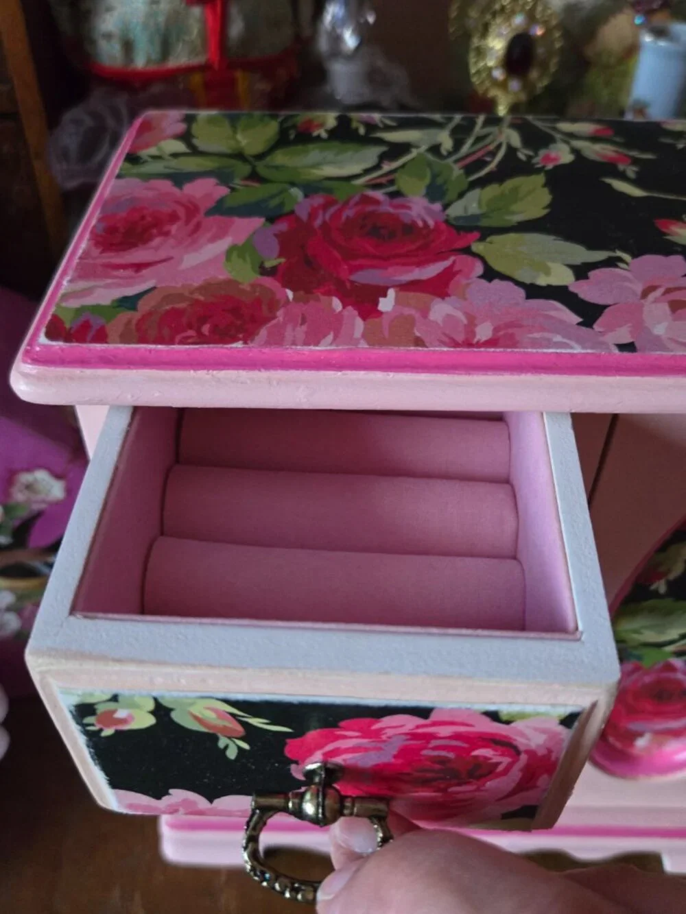 Whimsical Pink Rose Decoupage Jewelry Box Cottagecore Organizer Trinket Case